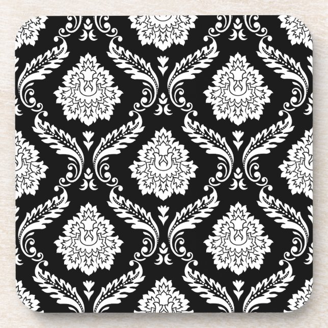 Posavasos Patrón de Damasco Rococó Blanco sobre Negro (Frente)