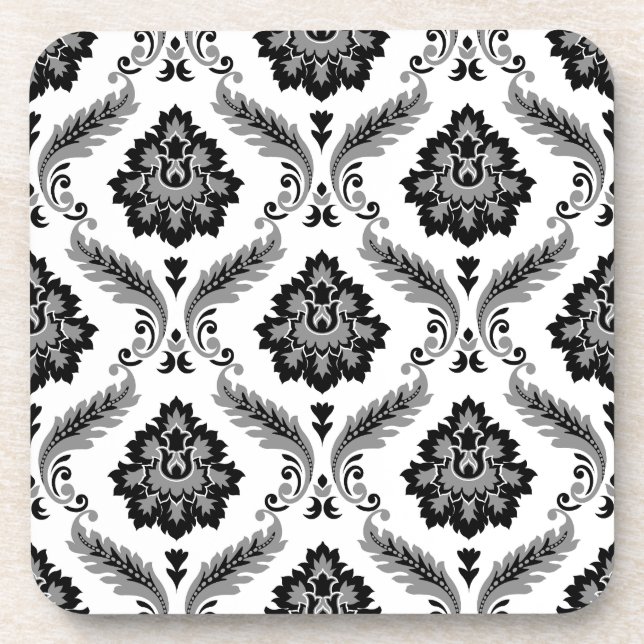 Posavasos Patrón de damasco rococó gris negro blanco (Frente)