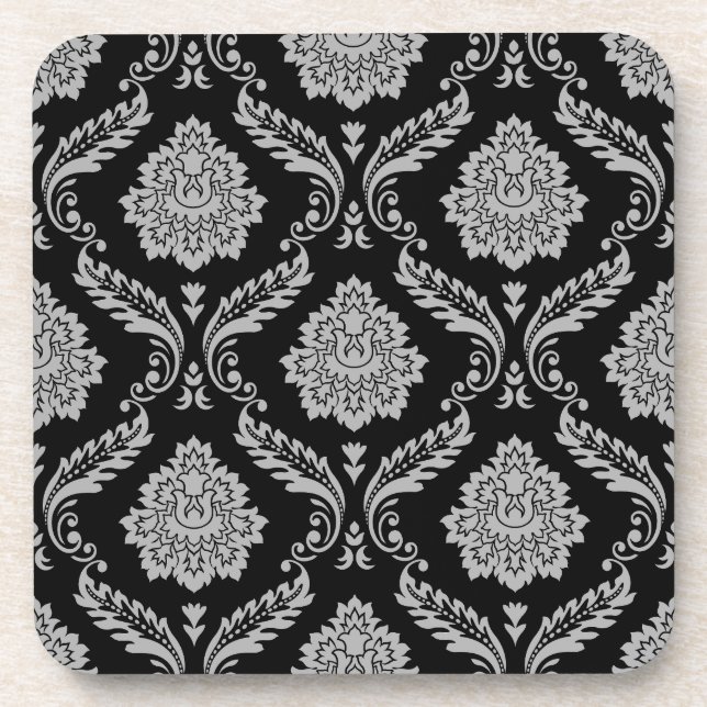 Posavasos Patrón de Damasco Rococó Gris sobre Negro (Frente)