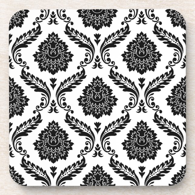 Posavasos Patrón de damasco rococó negro sobre blanco (Frente)