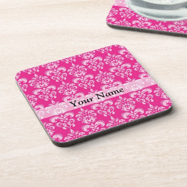 Posavasos Patrón de damasco rosa caliente (Lado Izquierdo)