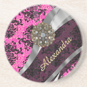Posavasos Patrón de damasco rosa giratorio de bonito persona