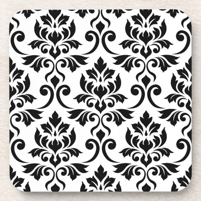 Posavasos Patrón de Damask de Feuille negro en blanco (Frente)