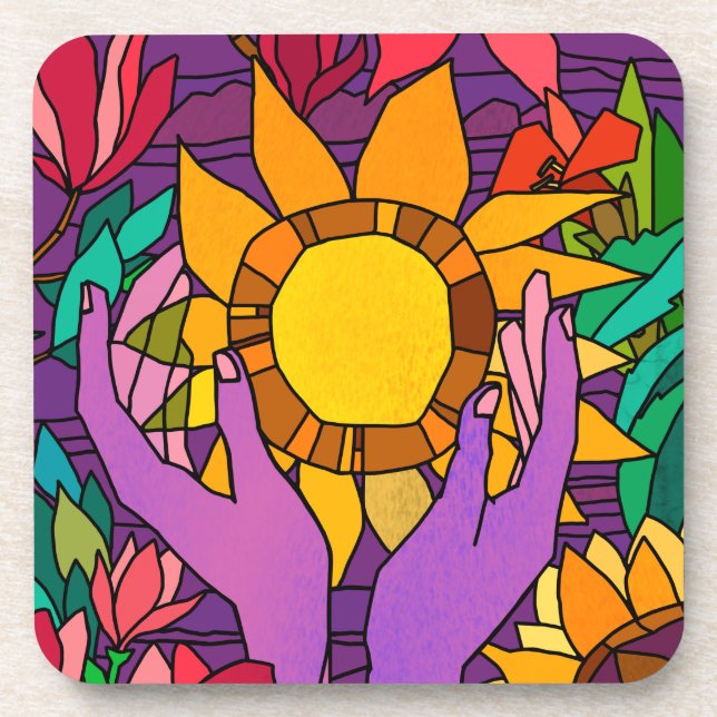 Posavasos Patrón de diversión con flores y manos (Frente)