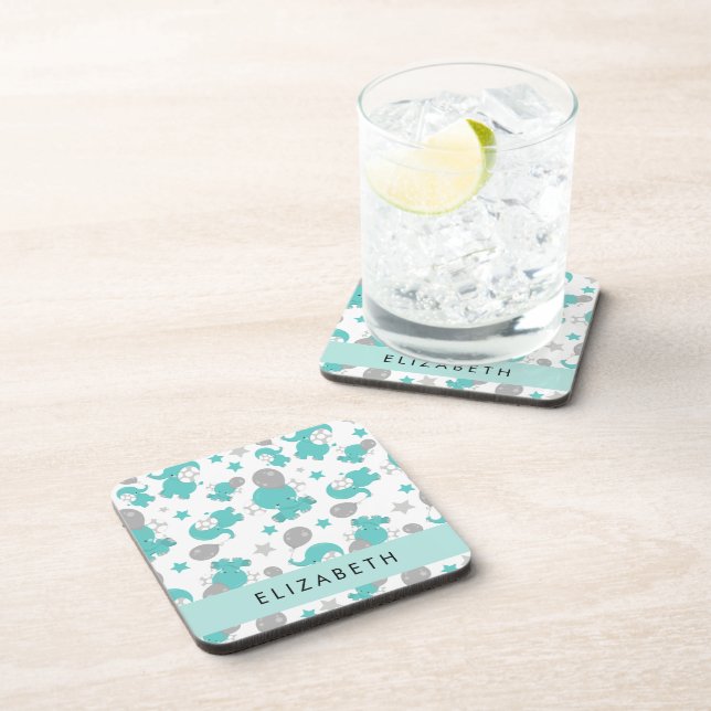 Posavasos Patrón De Elefantes Azules, Estrellas, Tu Nombre (Lado Derecho)