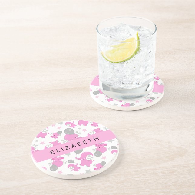 Posavasos Patrón De Elefantes Rosa, Estrellas, Tu Nombre (Lado)