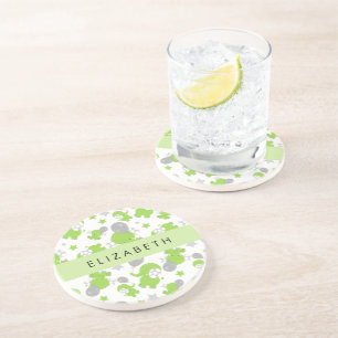 Posavasos Patrón de elefantes verdes, estrellas, tu nombre