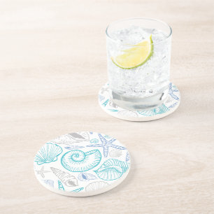 Posavasos Patrón de Estrella de Mar con Conchas Azul Beige V