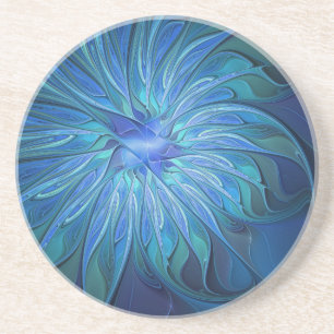 Posavasos Patrón de fantasía de flor azul, arte fractal abst