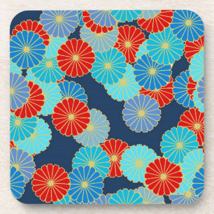 Posavasos Patrón de flores Art Decó - azul, turquesa y rojo