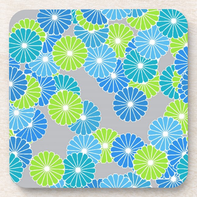 Posavasos Patrón de flores Art Deco - azul y verde lima (Frente)