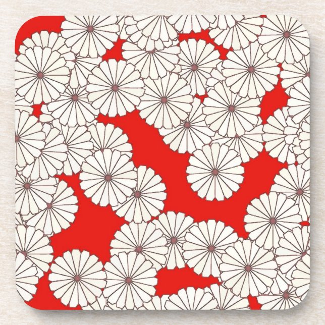 Posavasos Patrón de flores Art Deco - blanco sobre rojo (Frente)