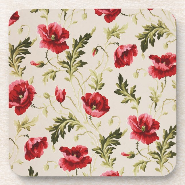Posavasos Patrón de flores de amapolas rojas brillantes vint (Frente)
