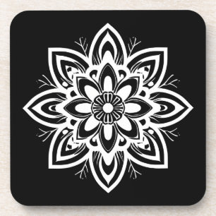 Posavasos Patrón de flores de Mandala en blanco y negro