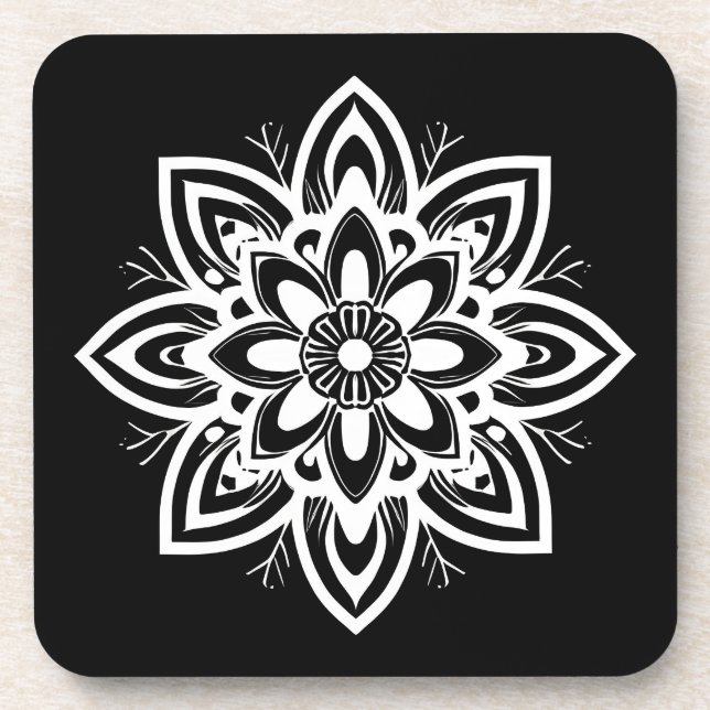 Posavasos Patrón de flores de Mandala en blanco y negro (Frente)