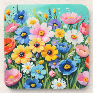 Posavasos Patrón de flores de primavera vibrantes en acuarel