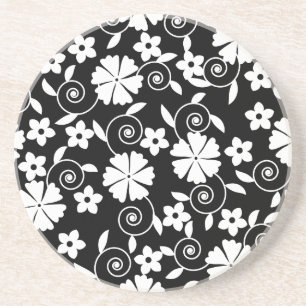 Posavasos Patrón de flores de remolino blanco y negro lindo