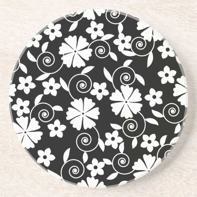 Posavasos Patrón de flores de remolino blanco y negro lindo (Frente)