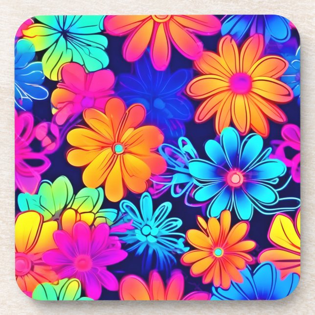 Posavasos Patrón de flores neón retro (Frente)