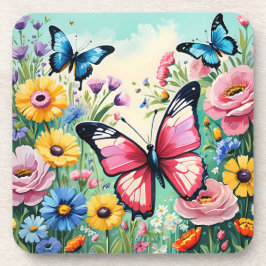 Posavasos Patrón de flores vibrantes de primavera en acuarel