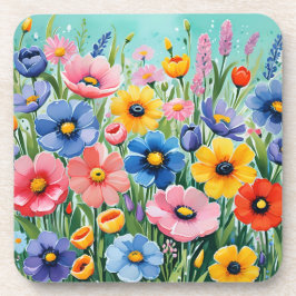 Posavasos Patrón de flores vibrantes de primavera en acuarel