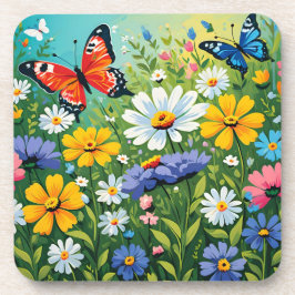 Posavasos Patrón de flores vibrantes de primavera en acuarel