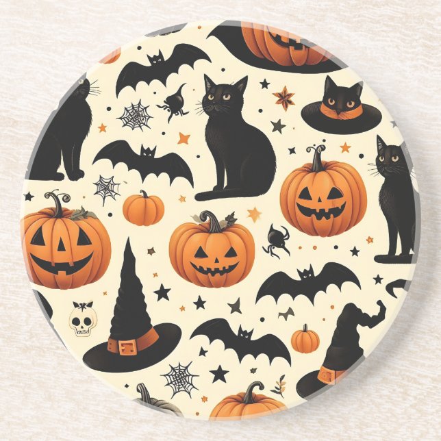 Posavasos Patrón de gato negro y calabaza de Halloween (Frente)