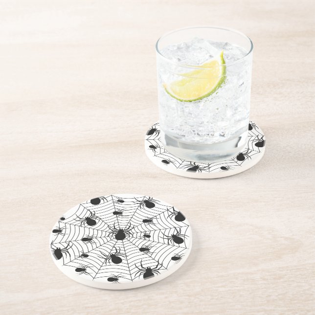 Posavasos Patrón de halloween de arañas blancas negras (Lado)