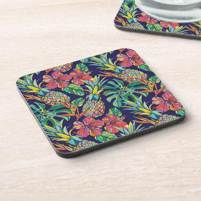 Posavasos Patrón de hibiscus de piña tropical (Lado Izquierdo)
