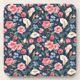 Posavasos Patrón de jardín floral azul marino romántico