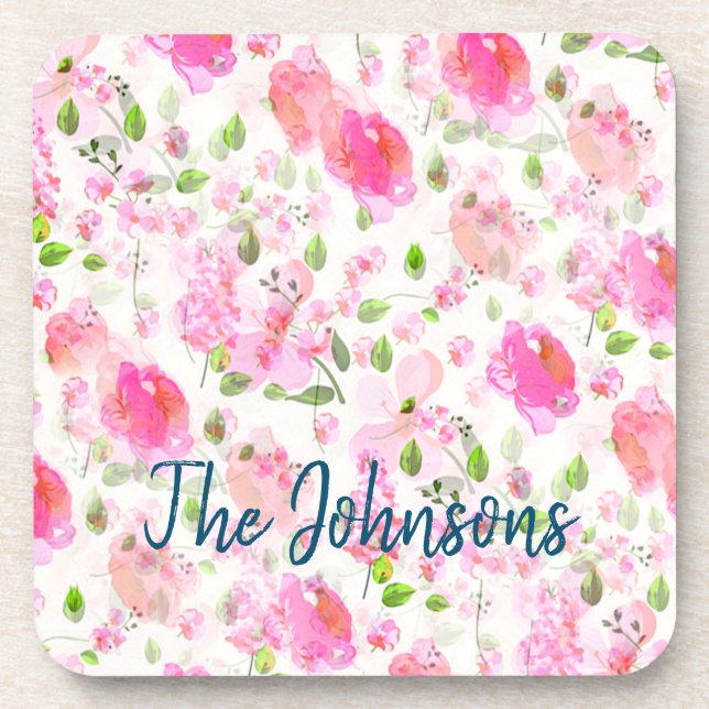 Posavasos Patrón de jardín floral color agua rosa (Frente)