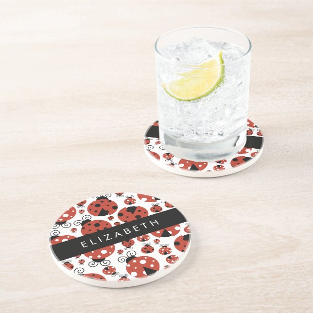 Posavasos Patrón de Ladybugs, Ladybugs Rojos, Tu Nombre (Lado)