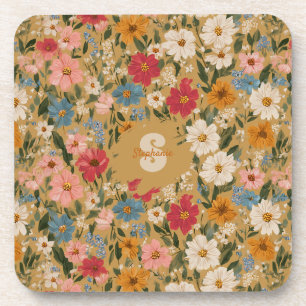 Posavasos Patrón de margarita de color vintage - mostaza