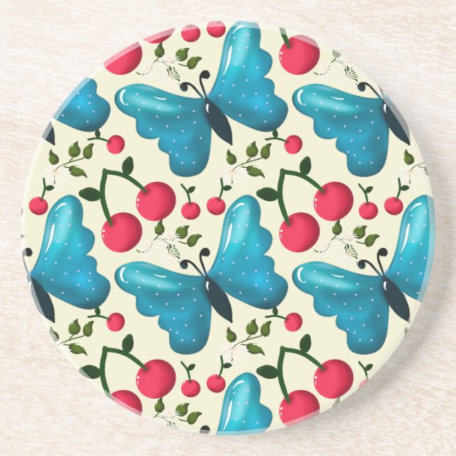Posavasos Patrón de Mariposa Cereza Lindo, Fruta Kawaii Bril (Frente)