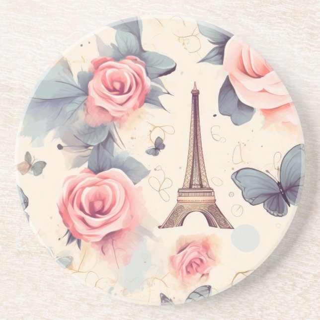 Posavasos Patrón de mariposa y Rosa de la Torre Eiffel (Frente)
