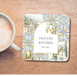 Posavasos Patrón de mosaico azul amarillo del Mediterráneo d