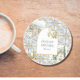 Posavasos Patrón de mosaico azul amarillo del Mediterráneo d