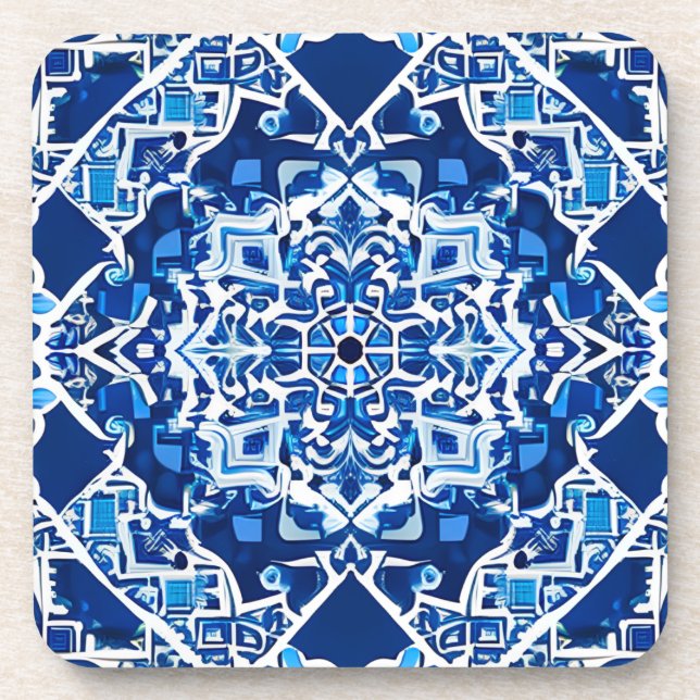 Posavasos Patrón de mosaico en azul índigo y cobalto (Frente)