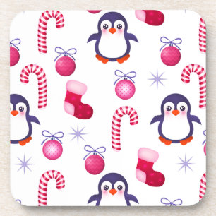 Posavasos Patrón de Navidades blancos y rosados con pingüino