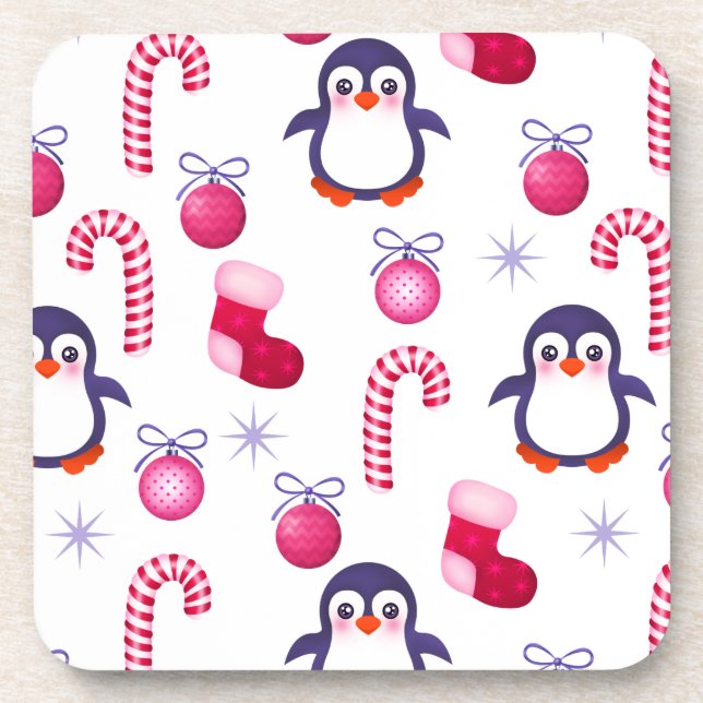 Posavasos Patrón de Navidades blancos y rosados con pingüino (Frente)