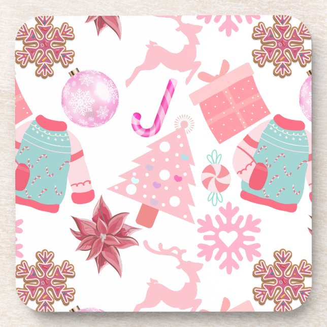 Posavasos Patrón de ornamento de Navidad rosa 02 (Frente)