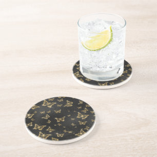 Posavasos Patrón de oro y mariposas negras de vidrio