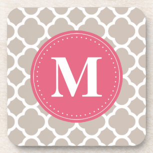 Posavasos Patrón de Quatrefoil gris rosado en monograma