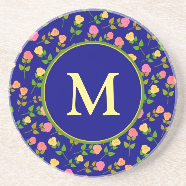 Posavasos Patrón de rosa azul bonito monograma (Frente)