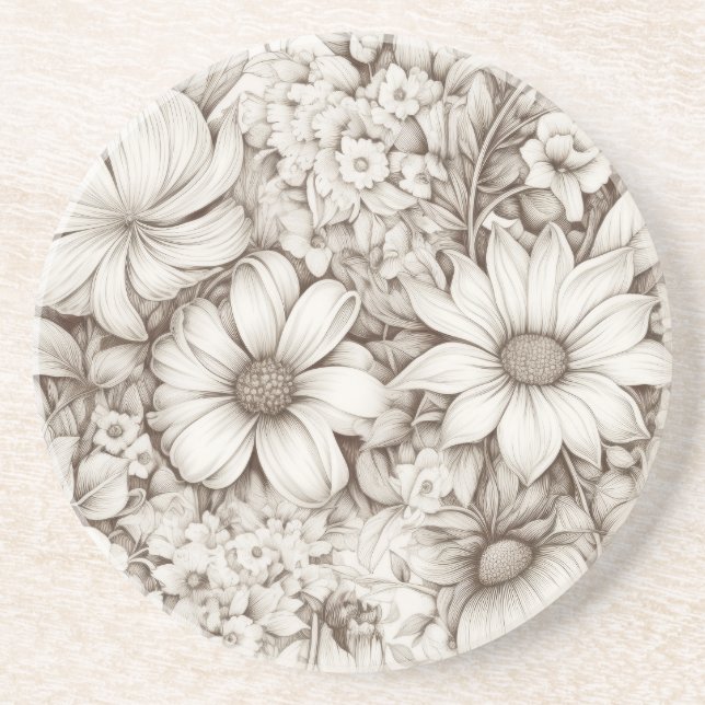 Posavasos Patrón de Sepia Floral Vintage (5) (Frente)