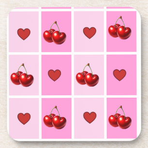 Posavasos Patrón de tablero de ajedrez con corazón de cereza