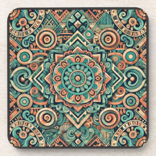 Posavasos Patrón de terracota y azul teal inspirado en Aztec
