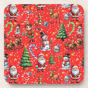 Posavasos Patrón decorativo de Navidad con fondo rojo