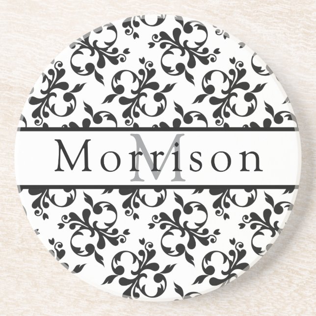 Posavasos Patrón elegante de damasco francés blanco y negro (Frente)