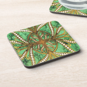 Posavasos Patrón elegante de Damasco verde y dorado